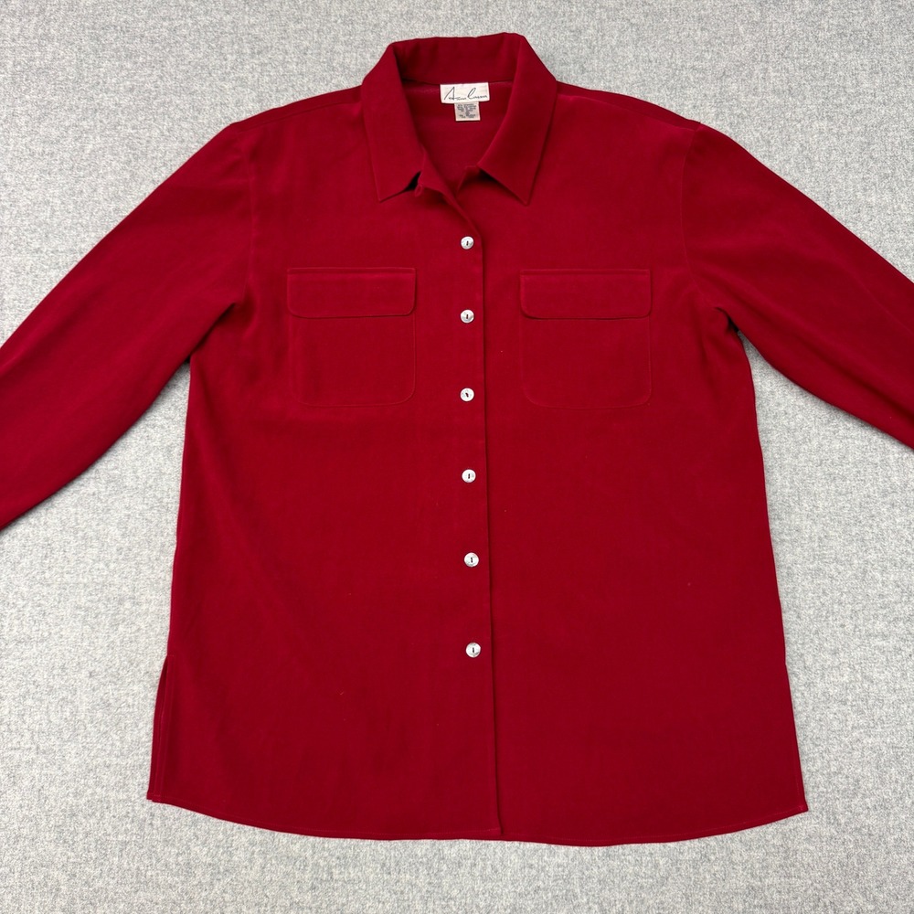 Anne Carson Button Down Shirt Medium Red Long Sleeve Flap Pockets Stretch Blouse